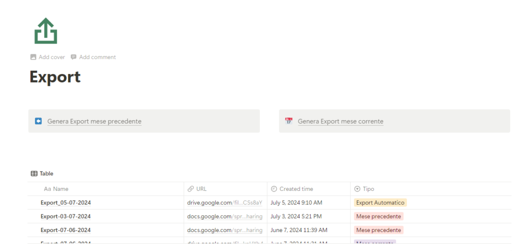 Pagina di gestione degli export