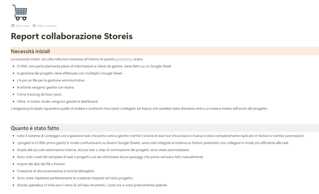 Screen del report di fine collaborazione con Storeis