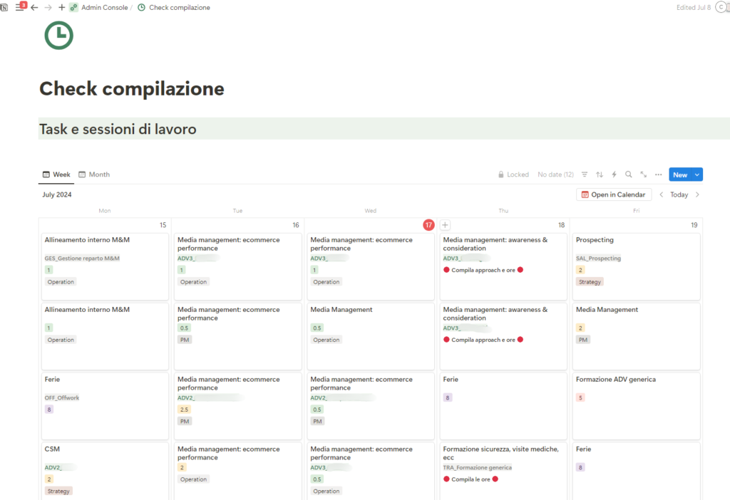 Pagina check compilazione dove è possibile vedere tutte le sessioni attive con le rispettive task