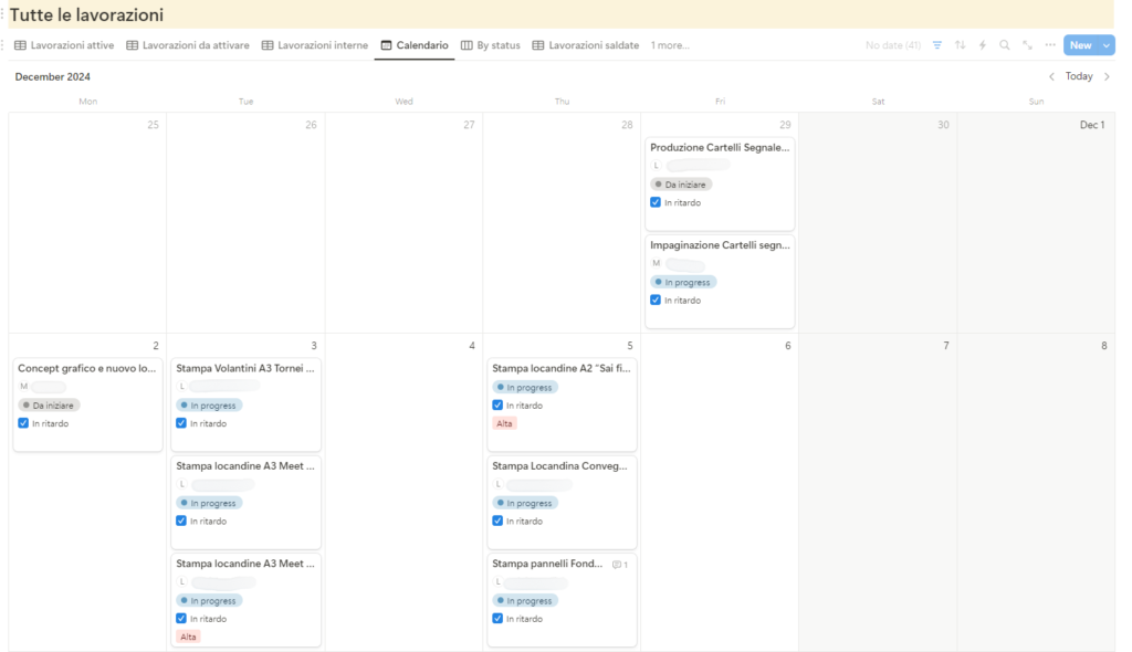 Vista calendario delle lavorazioni