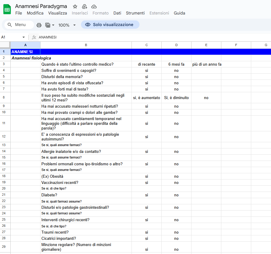 Scheda anamnestica su Google Sheet prima del nostro intervento