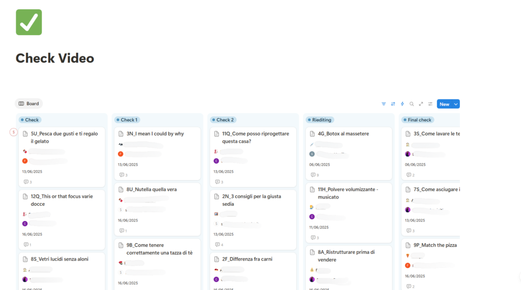 Visualizzazione kanban per i check video