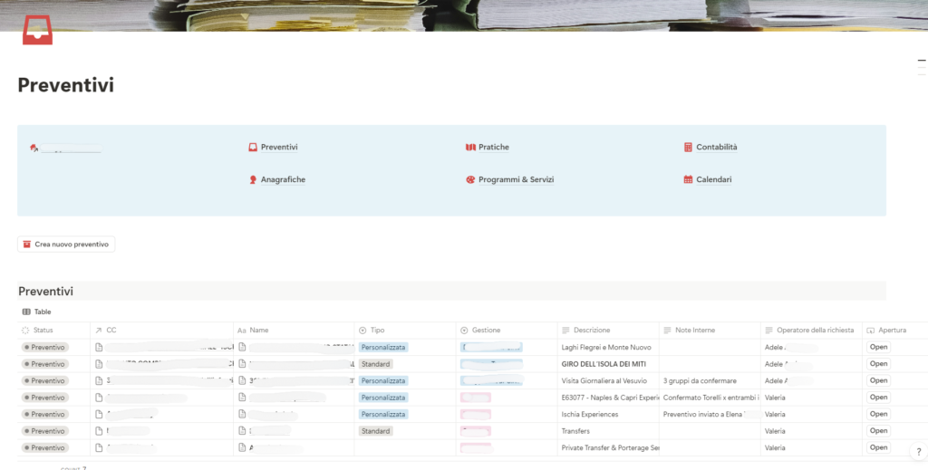 Vista generica del database preventivi