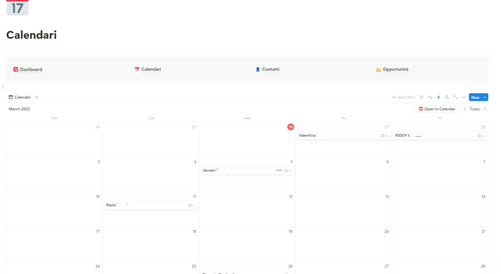 Visualizzazione del calendario nella sotto pagina calendari