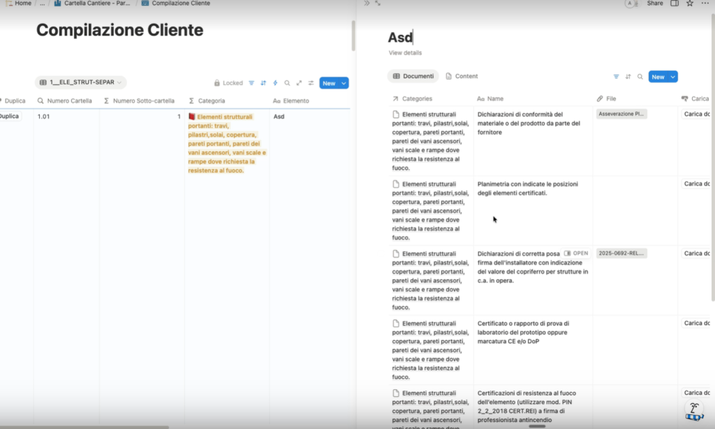 Vista dei documenti collegati al database cantieri