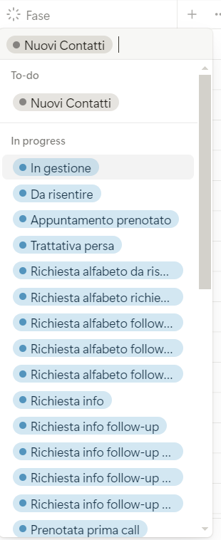 Alcune voci della proprietà “fase” del database opportunità
