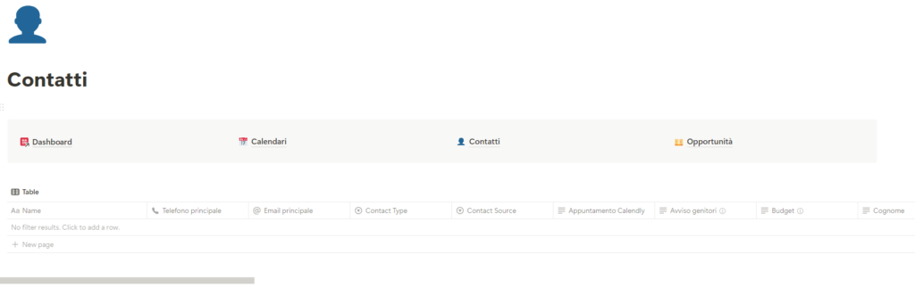 Vista del database contatti all’interno della pagina contatti