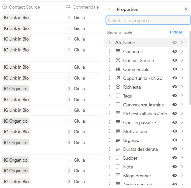 Alcune delle proprietà del database contatti